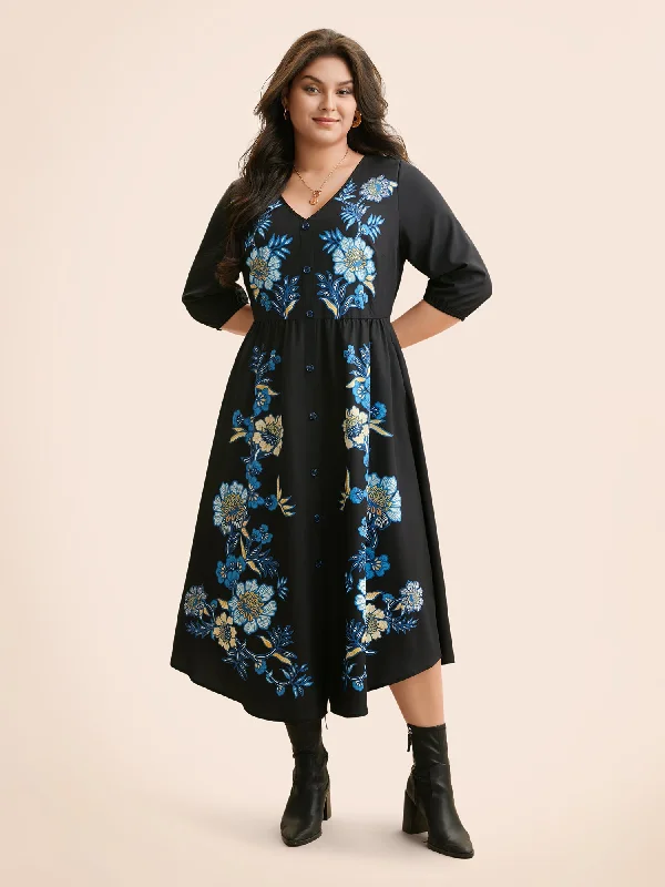 Women's Trendy Casual Outfit Coastal Beach - Inspired Style Boho Print Lantern Sleeve Midi Dress