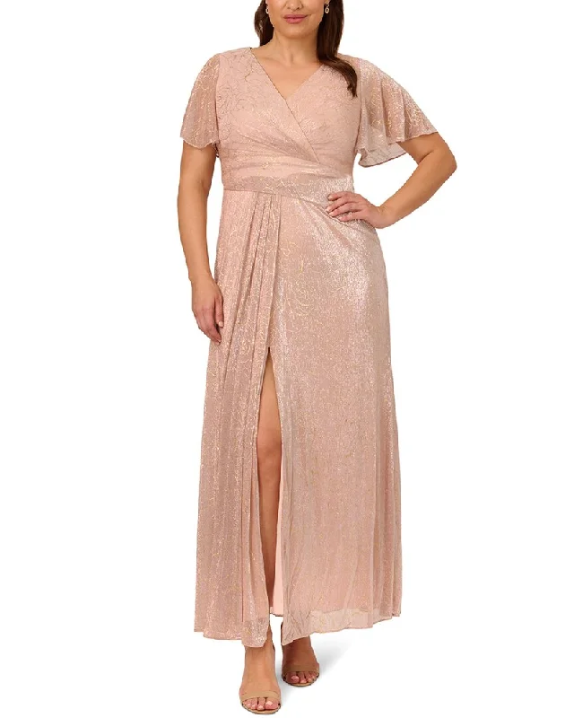 Women's Comfortable Lounge Attire Effortless Sophistication Adrianna Papell Stencil Floral Metallic Mesh Draped Gown