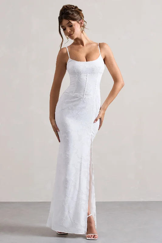 Women's High-Fashion Outfit Contemporary Elegance Intimacy | White Lace Corset Split Maxi Dress