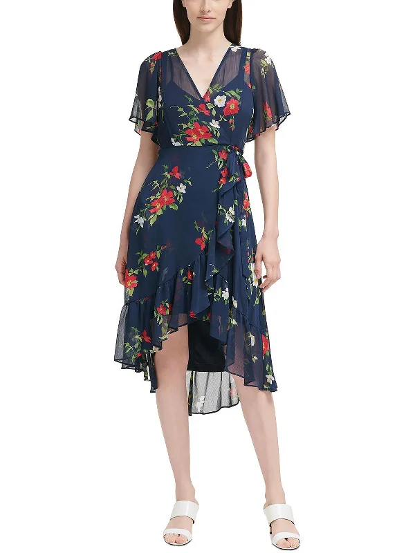 Vintage-Inspired Women's Clothes Refined Simplicity Petites Womens Floral Printed Faux Wrap Midi Dress