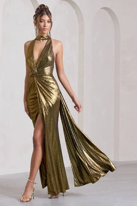 Women's Comfortable Lounge Outfit Luxe Layering Lost | Gold Metallic Halter-Neck Cut-Out Split Maxi Dress With Drape