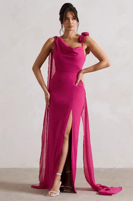 Women's Comfy Loungewear Outfit Subtle Sophistication Angeline | Dark Pink Chiffon Draped Split Maxi Dress With Corsages