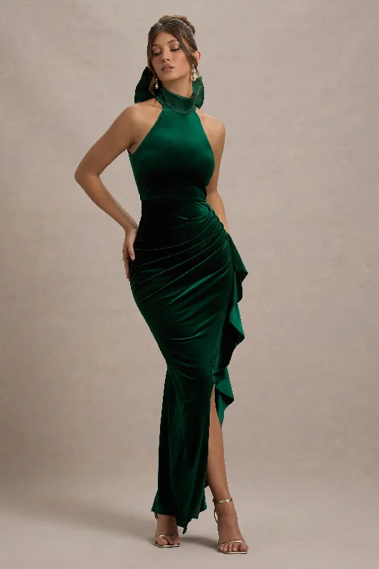 Stylish Women's Attire Hollywood Glam Award - Show Style Janiya | Green Velvet High-Neck Ruffled Split Maxi Dress