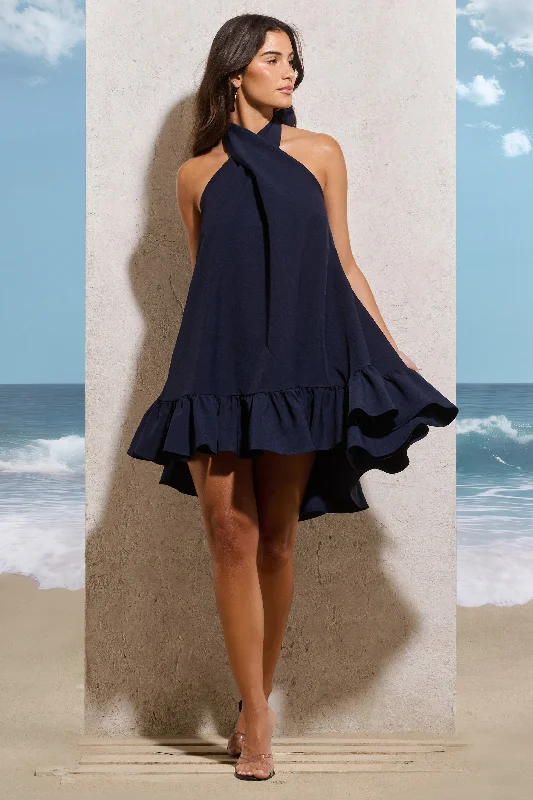 Women's Travel Attire Feminine Grace August | Navy Halter-Neck Smock Mini Dress