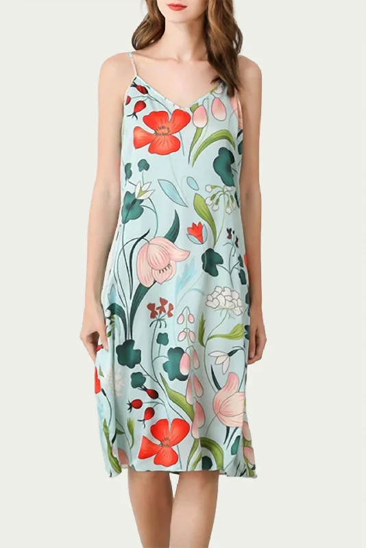 Women's High-Fashion Garments Contemporary Elegance Mulberry Floral-Print Silk Midi Slip Dress in Sky Blue