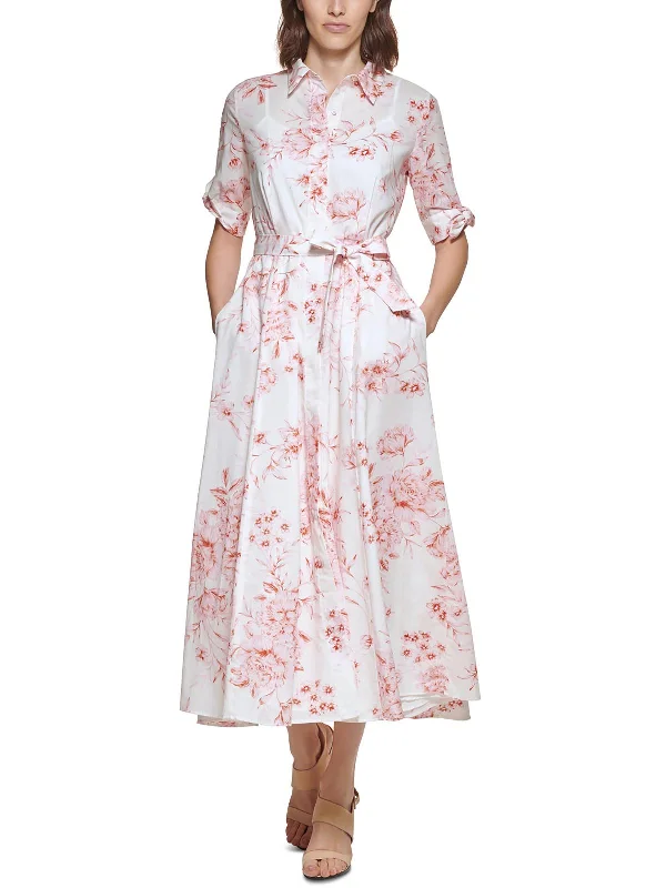 Women's Clothes For Special Occasions Dreamy Aesthetic Womens Floral Print Mid Calf Shirtdress