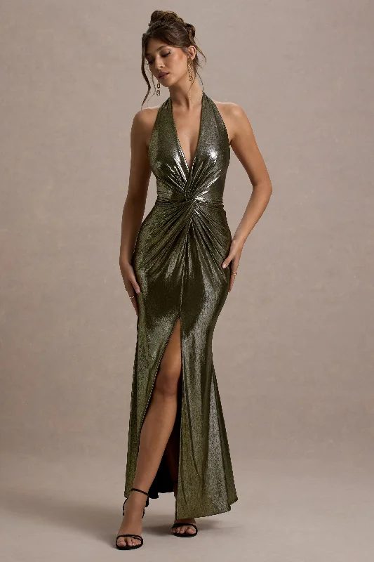 Women's Luxury Attire Limited - Edition Drops Carana | Gold Plunge-Neck Knotted Split Maxi Dress