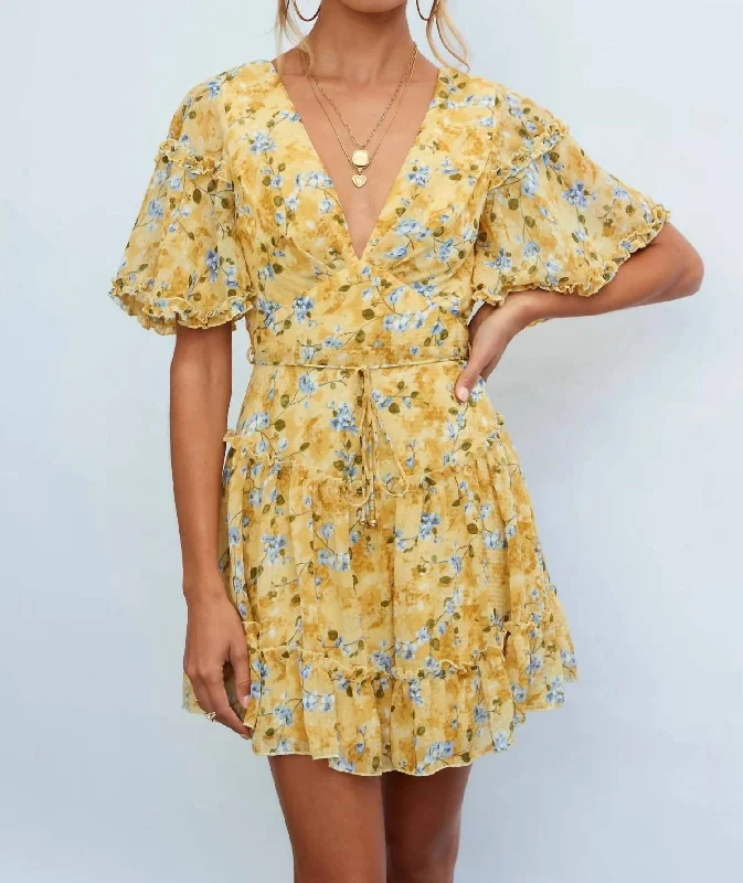 Women's Vintage Clothes Graceful Cut Short Sleeve Mini Dress In Yellow Floral