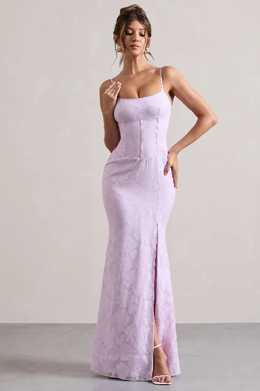 Women's Romantic Outfit Playful Elegance Intimacy | Lilac Lace Corset Split Maxi Dress