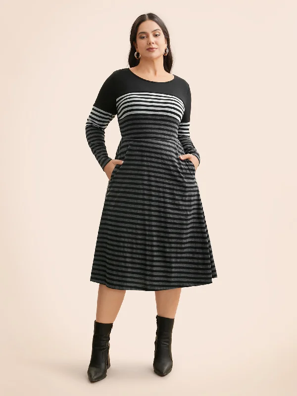 Women's Comfortable Lounge Garments Art Deco Geometric Pattern Look Striped Contrast Elastic Waist Midi Dress