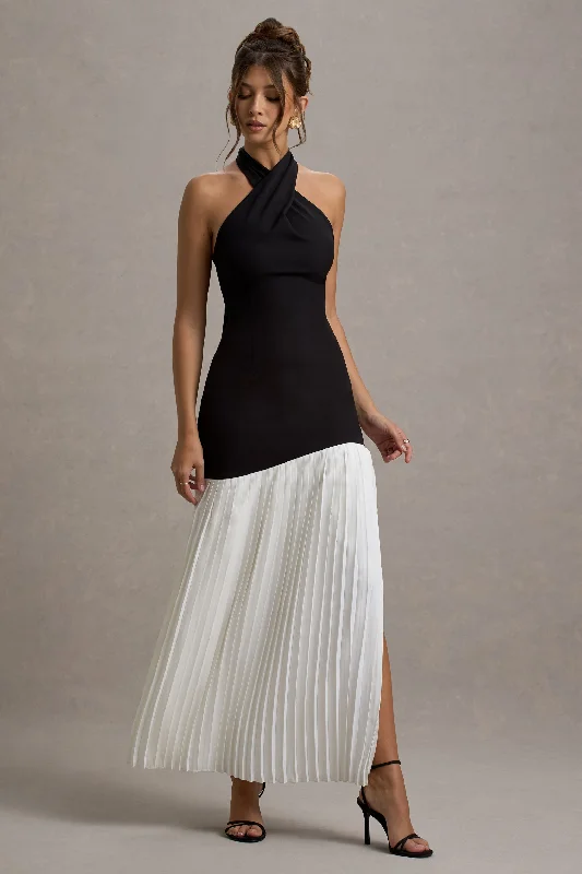 Women's Seasonal Attire Limited - Stock Khai | Black & White Halter-Neck Maxi Dress With Plisse Skirt