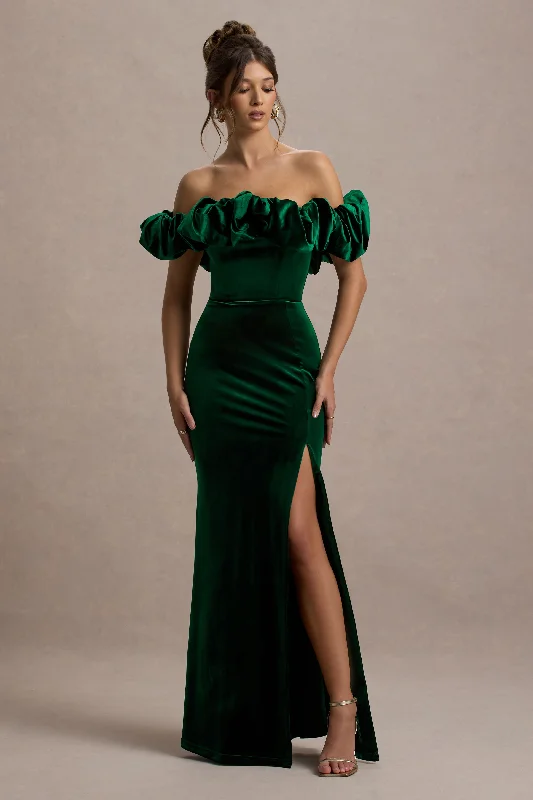 Women's Holiday Clothing Save on Classic Elegant Styles Esmeralda | Bottle Green Velvet Structured Ruffled Bardot Maxi Dress