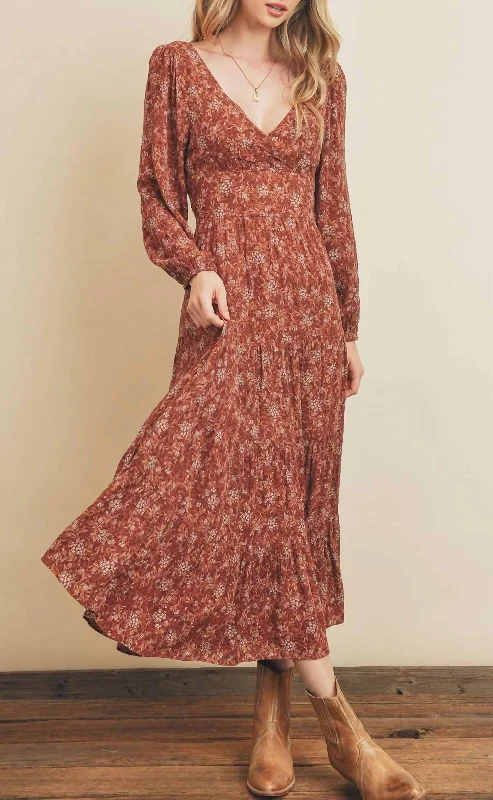 Women's Travel Garments Graceful Movement Floral Tie Back Dress In Brick