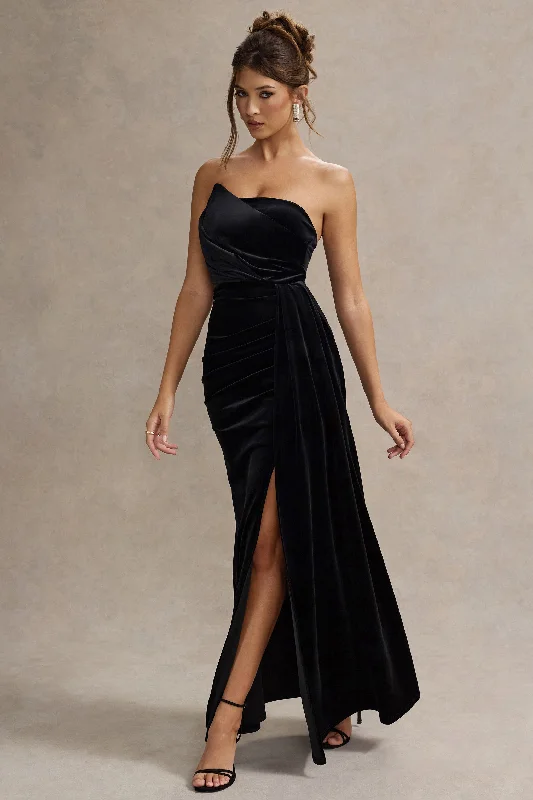 Women's Everyday Attire Contemporary Chic Zafira | Black Velvet Strapless Draped Maxi Dress