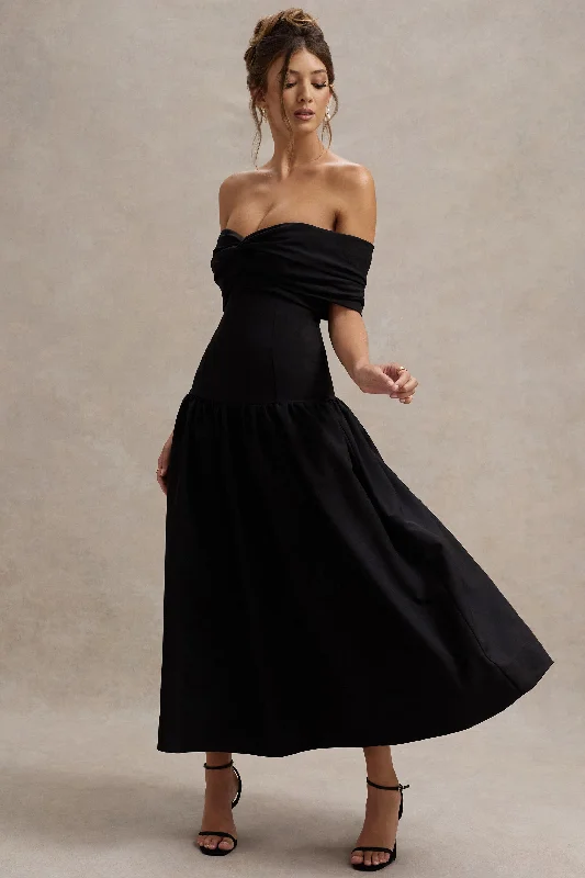 Women's Cozy Winter Attire Romantic Flair Marguerite | Black Twisted Bardot Drop-Waist Maxi Dress