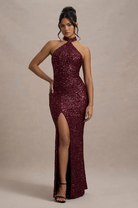 Women's High-End Clothing Score Big on Glamorous Red - Carpet Styles On The Rise | Berry Sequin High-Neck Strappy-Back Split Maxi Dress