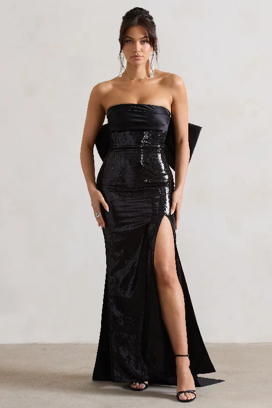 Women's Plus-Size Attire Classic Appeal To You | Black Sequin Bandeau Split Maxi Dress With Oversized Bow