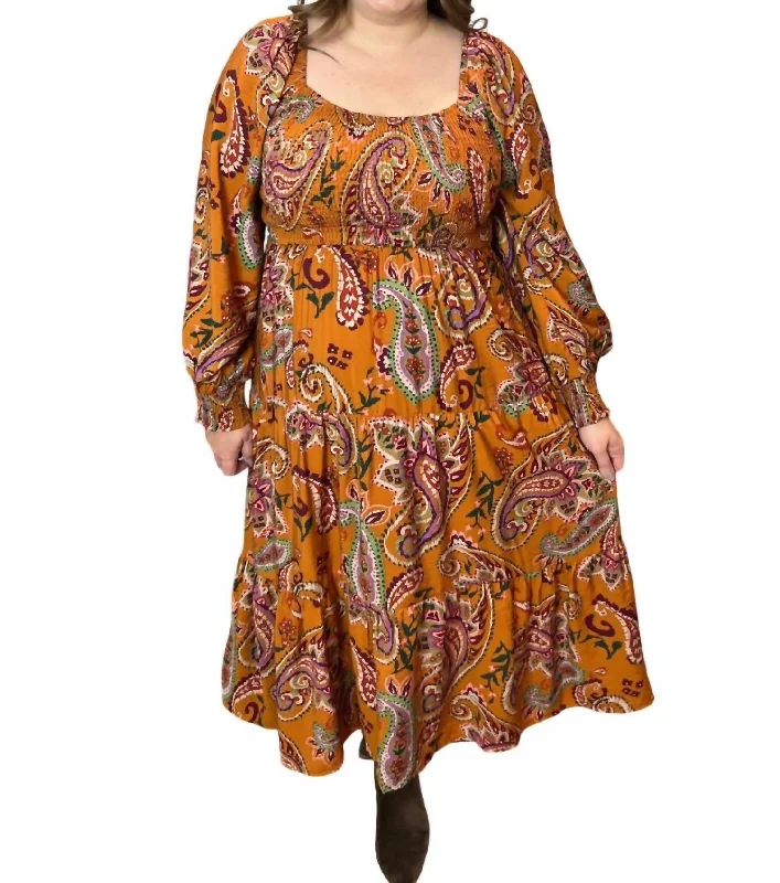 Women's Clothing With Trendy Designs Lightweight Fabric Paisley Smocked Midi Dress In Multi