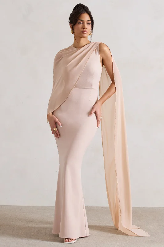 Women's Cozy Outfit For Lounging Elevated Style Haze | Champagne High-Neck Maxi Dress With Chiffon Cape