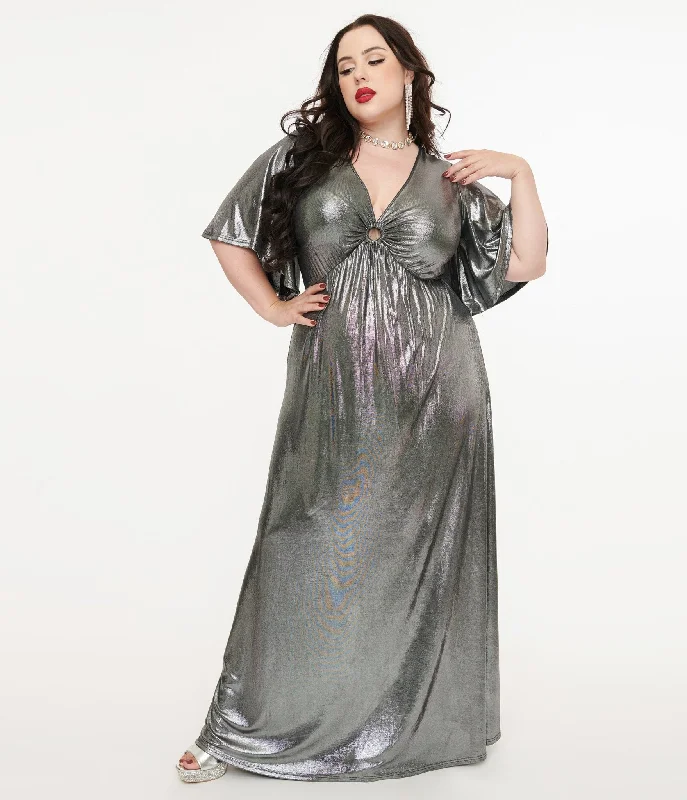 Women's Clothing For Casual Outings Rustic Countryside Charm Look Smak Parlour Plus Size 1970s Metallic Silver Cutout Maxi Dress