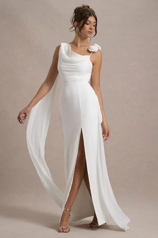 Women's Charming Outfit For Events Chic Urban Fashion Look Angeline | White Chiffon Draped Split Maxi Dress With Corsages