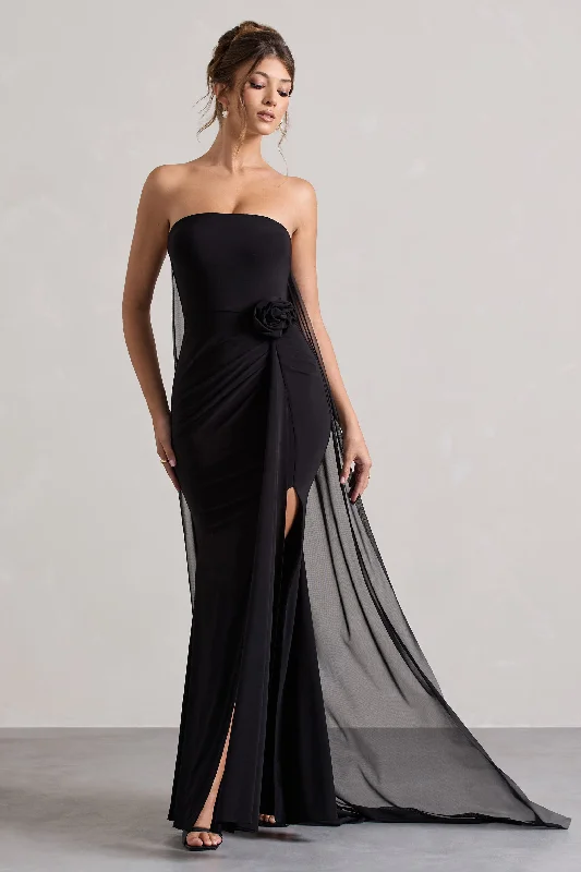 Women's Vintage-Inspired Outfit Classic Timeless Elegant Style More To Come | Black Strapless Wrap Cape Maxi Dress With Corsage