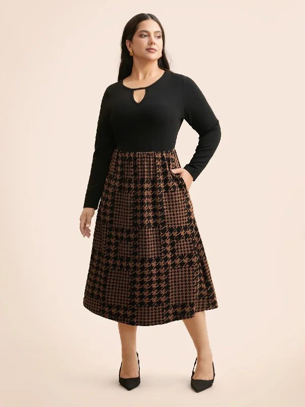 Women's Vintage Garments Ethnic Cultural Event Wear Houndstooth Patchwork Cut Out Midi Dress