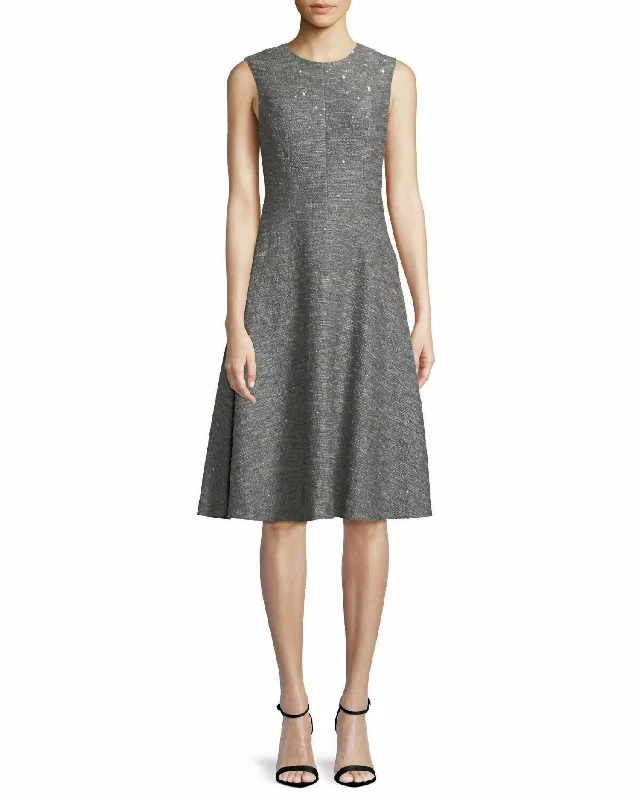 Women's Vintage-Inspired Clothing Feminine Soft - Hued Look Sequin Sleeveless Seamed Fit & Flare Twill Midi Dress In Gray