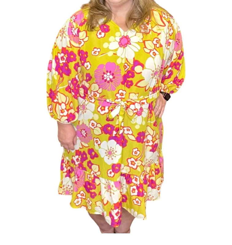 Women's Everyday Attire Chic Urban Fashion Look The Groovy Girl Floral Print Dress In Yellow Multi