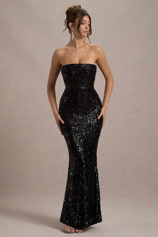 Stylish Women's Outfit Classic Appeal Like Magic | Black Sequin Bandeau Maxi Dress