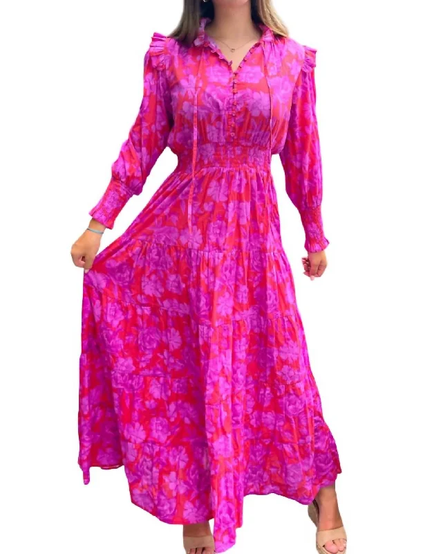 Women's Stylish Casual Garments Vibrant Prints Alma Long Sleeve Maxi Dress In Mulberry