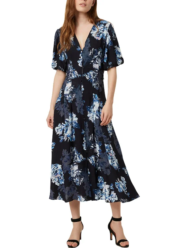 Women's Fashionable Attire For Work Parisian Effortless Chic Style Caterina Womens Puff Sleeve Floral Midi Dress