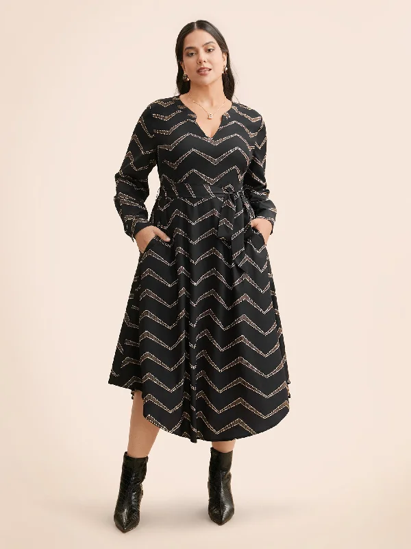 Timeless Women's Garments Romantic Date - Night Ensemble Geometric Notched Belted Midi Dress