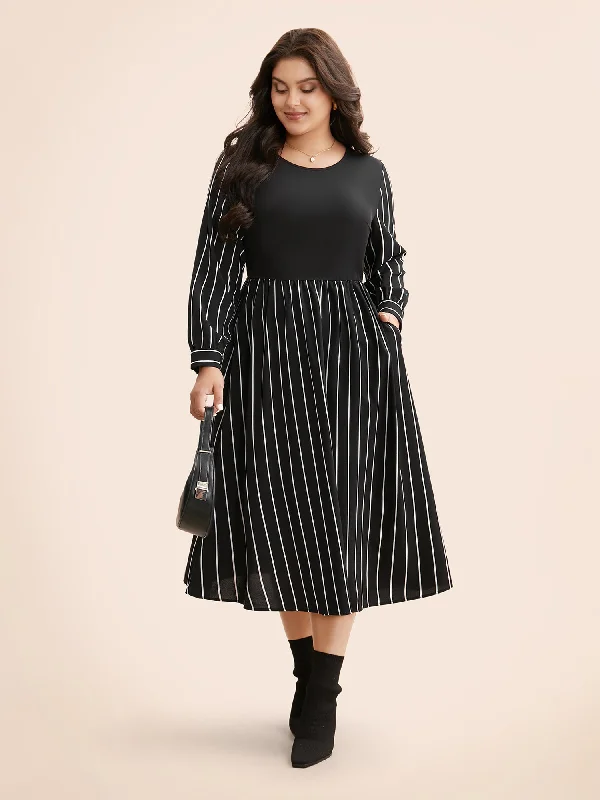 Women's Clothes And Apparel Contemporary Chic Round Neck Striped Patchwork Midi Dress