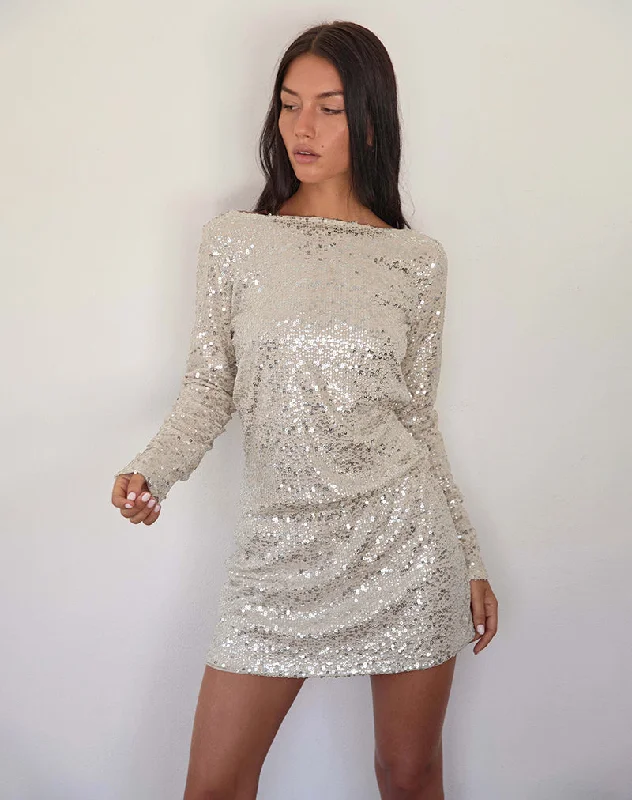 Women's High-End Clothing Effortless Sophistication Jasilia Long Sleeve Mini Dress in Neutral Sequin