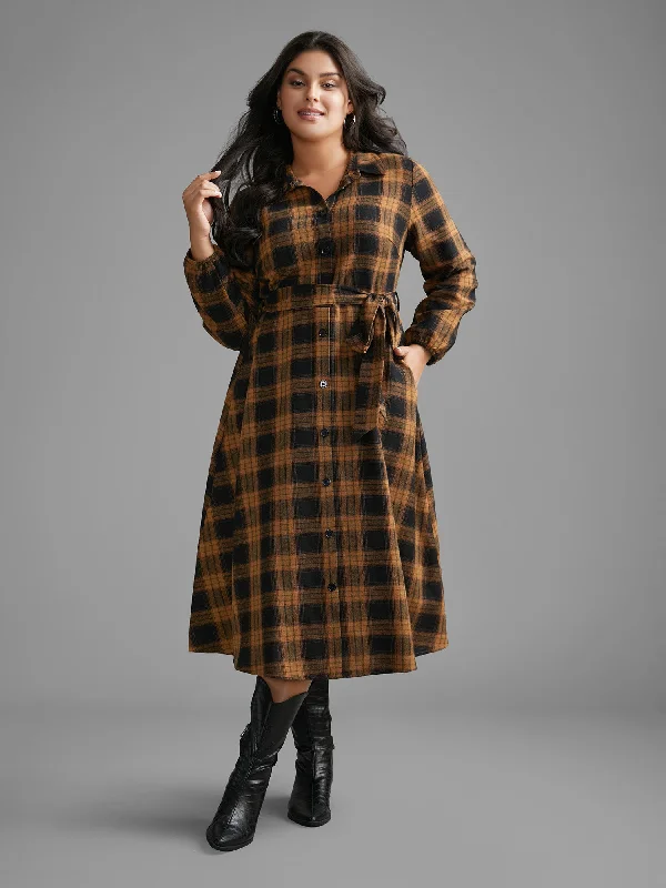 Women's Fashion-Forward Apparel Soft Textures Shirt Collar Plaid Belted Midi Dress