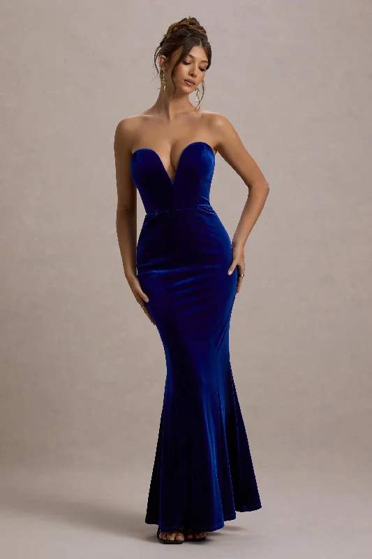 Women's Vacation Attire Save on Classic Elegant Styles Pacifica | Cobalt Velvet Plunge-Neck Strapless Maxi Dress