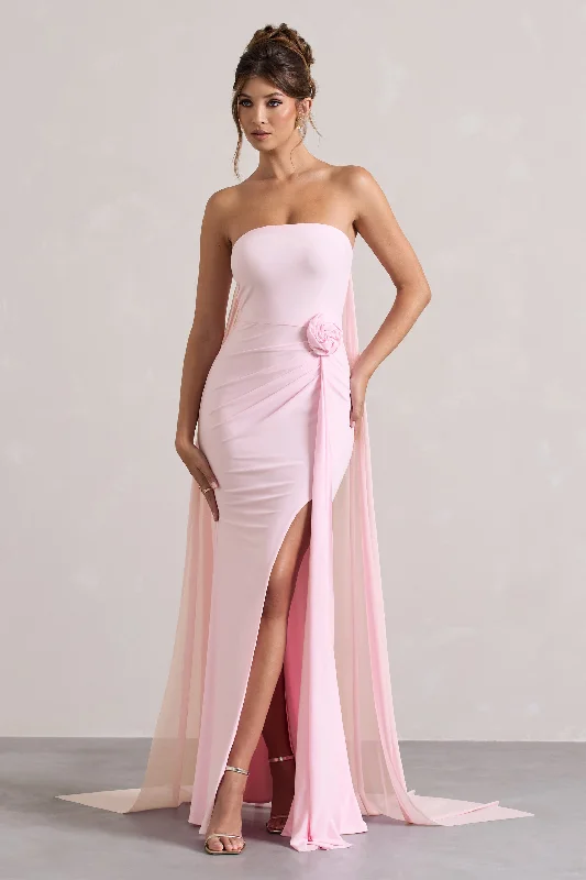 Women's Stylish Outdoor Outfit Ethnic Cultural Event Wear More To Come | Pink Strapless Wrap Cape Maxi Dress With Corsage