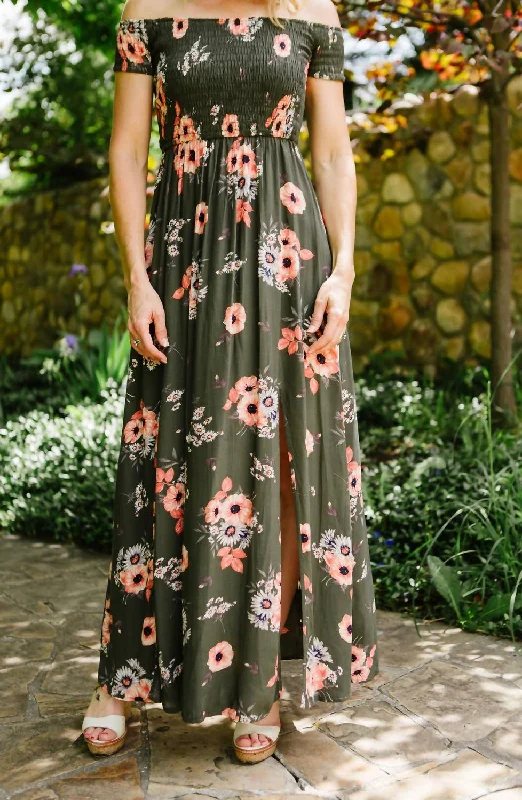 Women's Elegant Garments Alluring Design Poppy & Daisy Floral Maxi in Olive