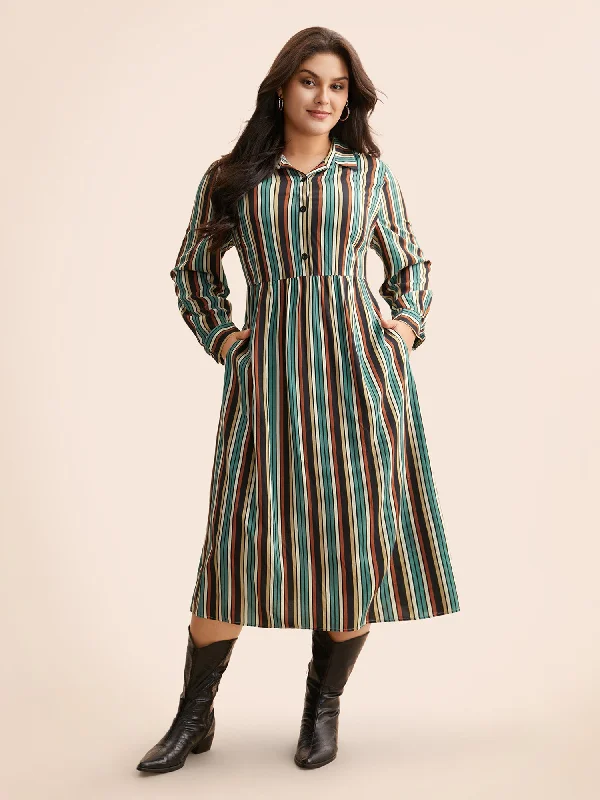 Women's High-Fashion Outfit Effortless Sophistication Shirt Collar Contrast Striped Midi Dress