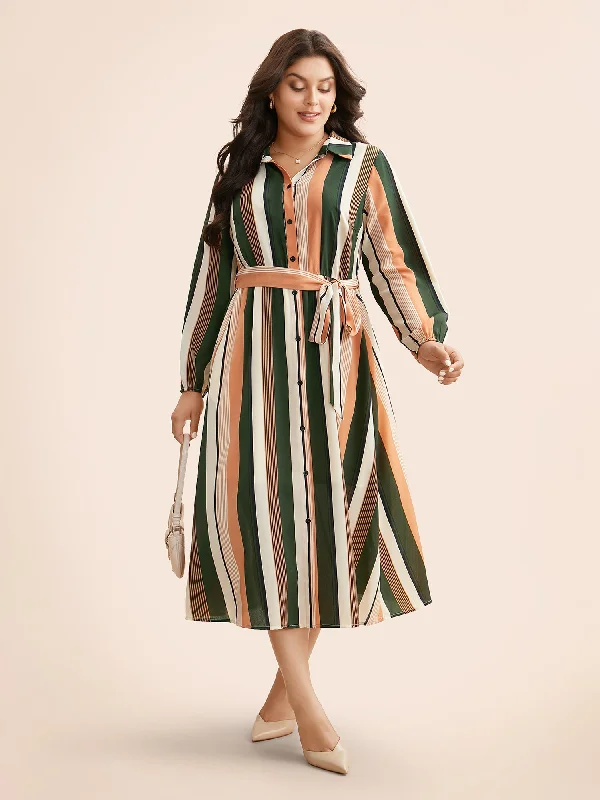 Women's Professional Apparel Effortless Style Contrast Striped Belted Midi Dress