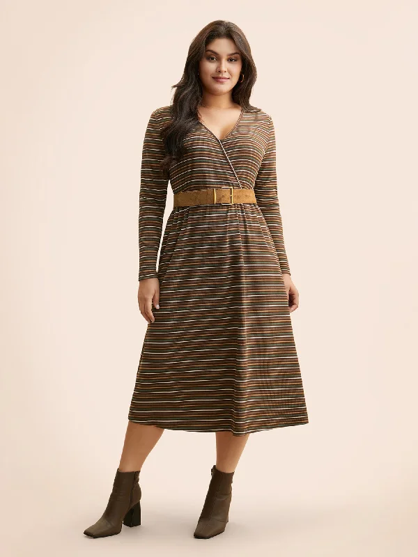 Women's Outdoor Attire Luxury Style Striped Overlap Collar Midi Dress