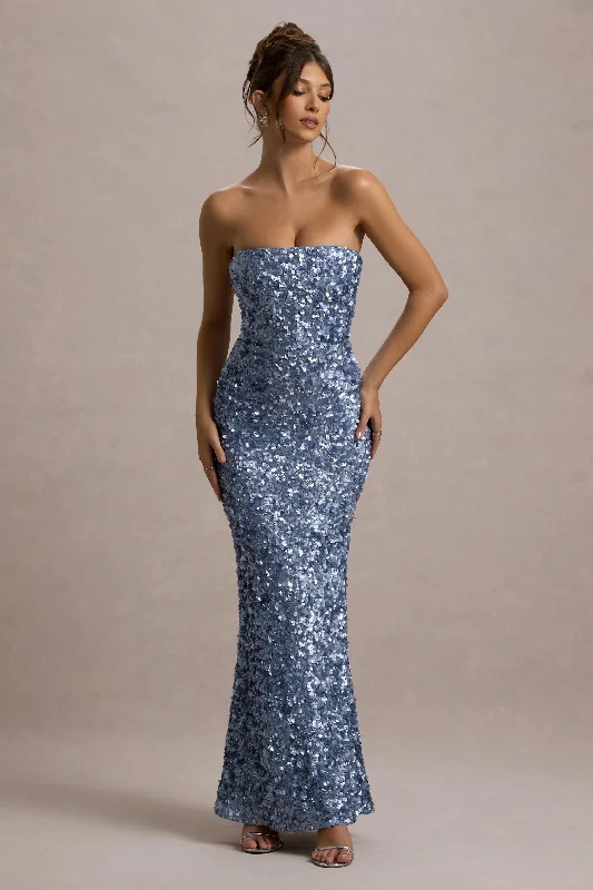 Women's Elegant Outfit Soft Textures Evabeth | Powder Blue Sequin Strapless Maxi Dress