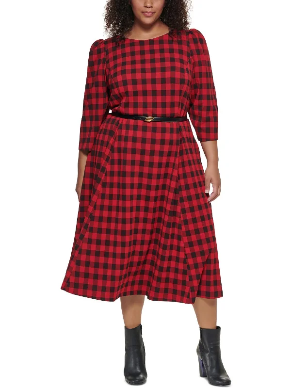 Women's Romantic Outfit Feminine Flow Plus Womens Checkered Calf Midi Dress