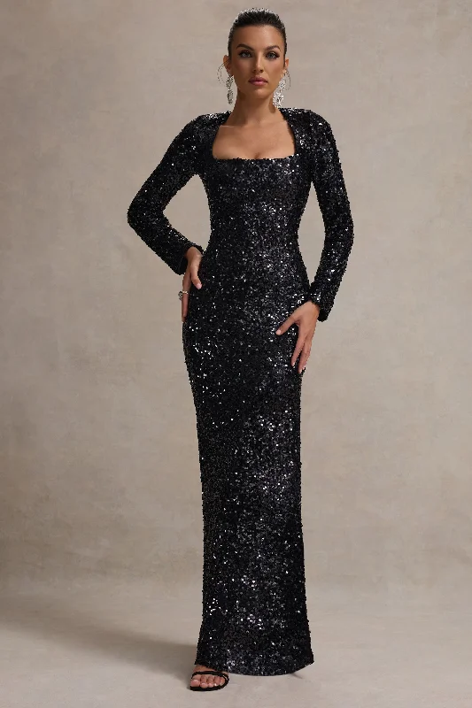 Women's Vintage-Inspired Clothing Vintage Charm My Dream | Black Sequin Square-Neck Long-Sleeve Maxi Dress