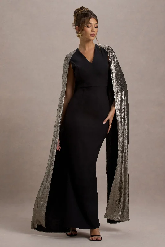 Casual Garments For Women Dreamy Aesthetic Ilenia | Black V-Neck Maxi Dress With Metallic Cape