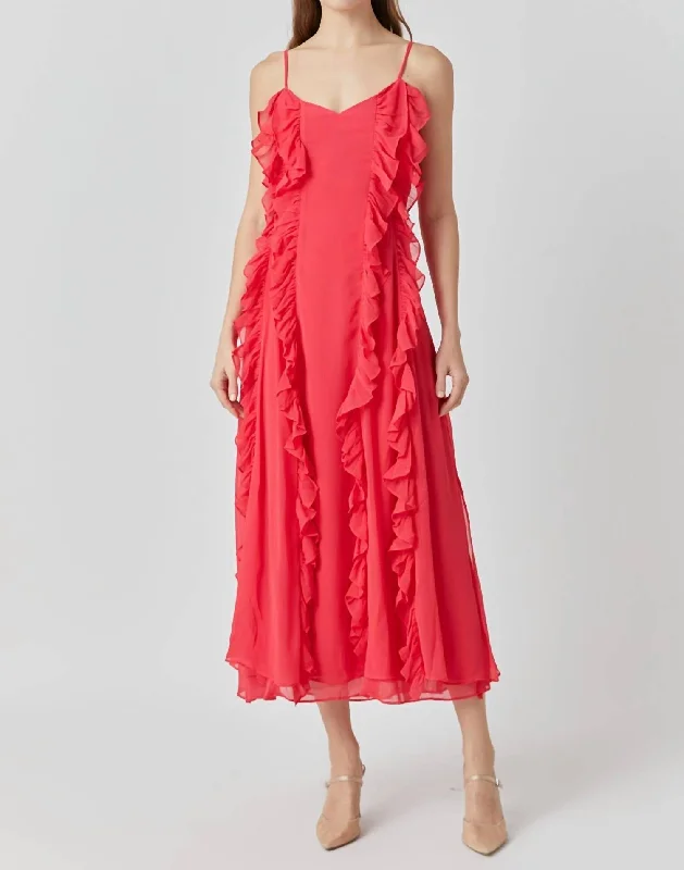 Women's Stylish Professional Garments Feminine Elegance Chiffon Ruffled Spaghetti Maxi Dress In Red