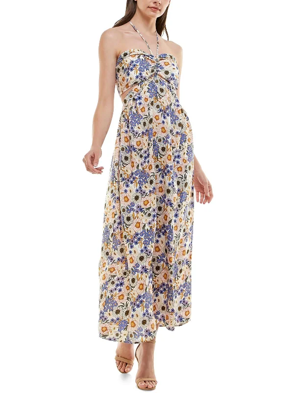 Modern Women's Apparel Feminine Flow Juniors Womens Floral Print Long Halter Dress