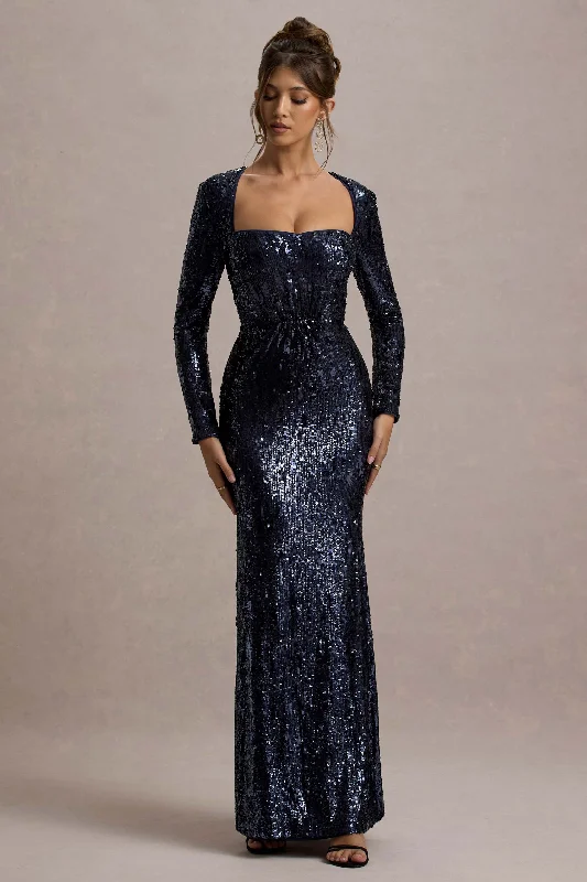 Women's Professional Outfit Minimalist Chic Ensley | Navy Sequin Sweetheart Long-Sleeve Maxi Dress