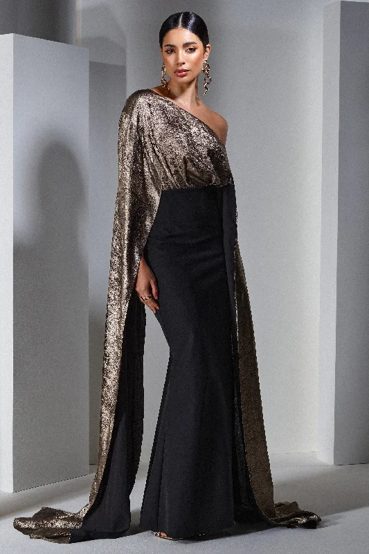 Women's Transitional Outfit Sophisticated Cut Alura | Black & Gold Metallic One Shoulder Cape Maxi Dress